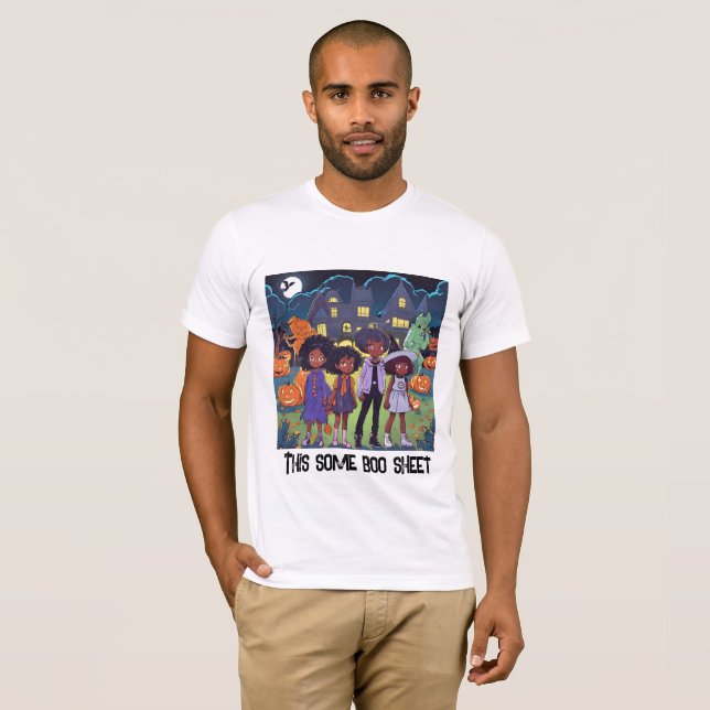 Svarta barn stumpar på en hemsökt stadsHalloween T Shirt (Hel framsida)