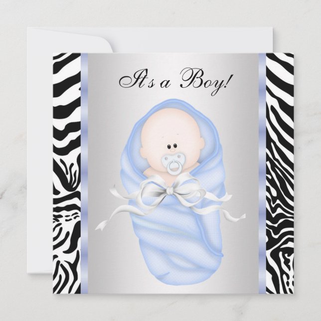 Svarta Blå Zebra Baby Pojke Dop Inbjudningar (Framsida)