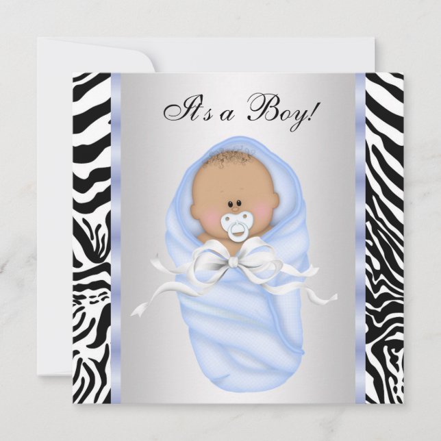 Svarta Blå Zebra Baby Pojke Dop Inbjudningar (Framsida)