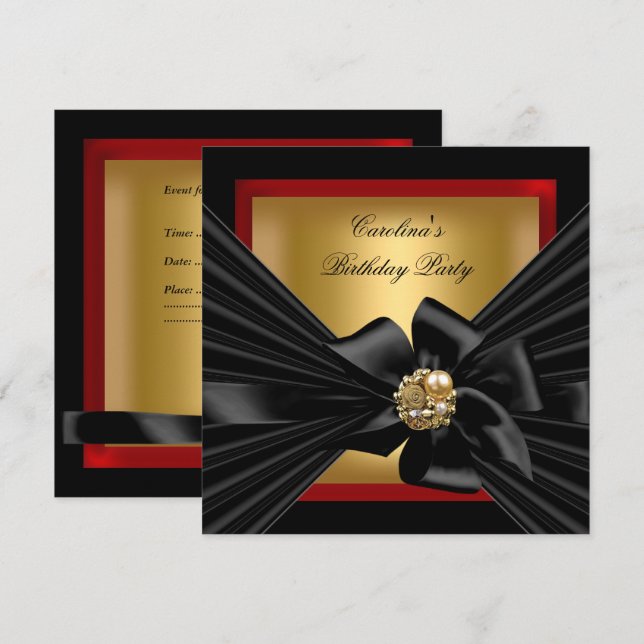 Svarta bladet födelsedagsfest Red Guld Inbjudningar (Fram/baksida)
