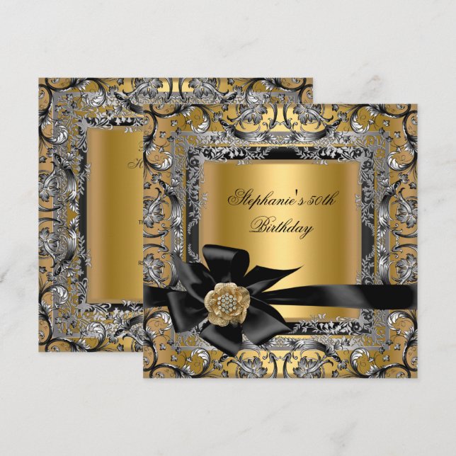 Svarta bladet Guld Silver vid 50:e Födelsedagsfest Inbjudningar (Fram/baksida)