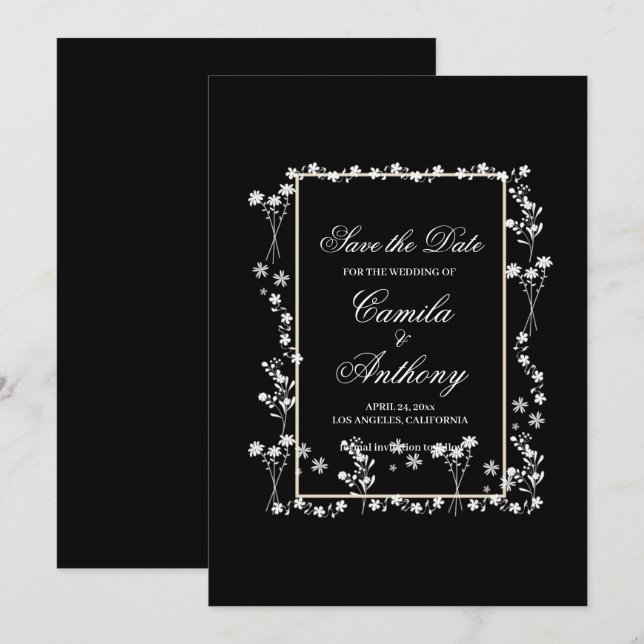 Svarta Blommigten Gräns Bröllop Inbjudningar (Fram/baksida)
