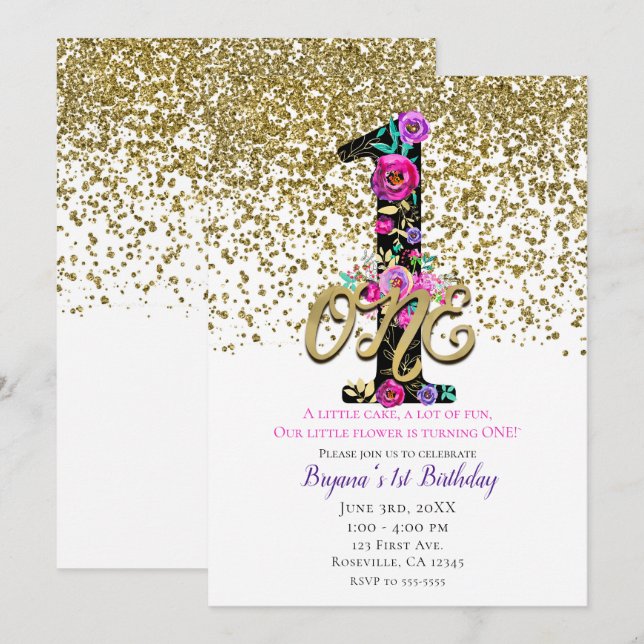 Svarta Blommigten Guld Glitter ONE 1 1:a födelseda Inbjudningar (Fram/baksida)