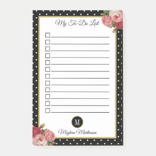 Svarta Blommigten Monogram Polka dots Namn to Do L Post-it Block