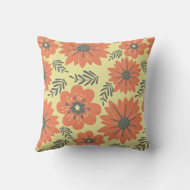 Svarta Blommigten Retro Vintage Gult Orange  Kudde (Baksida)