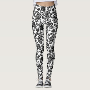 Svarta Blommigten Snöre Mönster Leggings