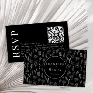 Svarta blomstermönster moderna bröllop RSVP QR-kod Tilläggskort