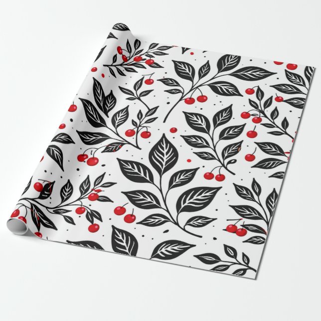 Svarta botaniska körsbär sömlöst mönster presentpapper (Utrullad)
