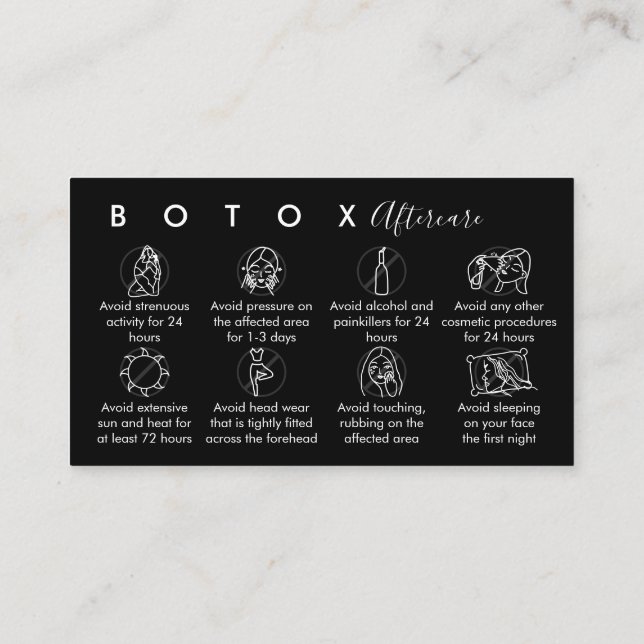 Svarta Botox eftervårdsinstruktioner Visitkort (Baksida)