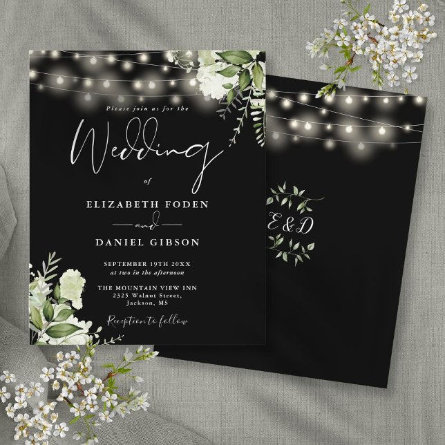 Svarta bröllopsinbjudan med budgetblommor och ljus (Budget Floral Lights Black Wedding Invitation)