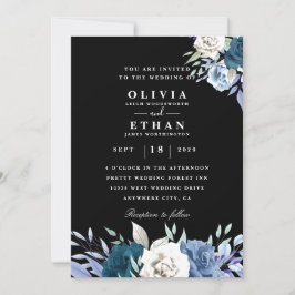 svarta bröllopsinbjudningar för vit och blå blommi inbjudningar
