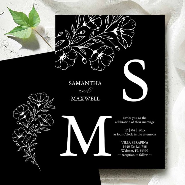 Svarta bröllopsinbjudningar inbjudningar (Flat lay of black and white wedding invitations to buy with line art by Victoria of Do Tell A Belle)