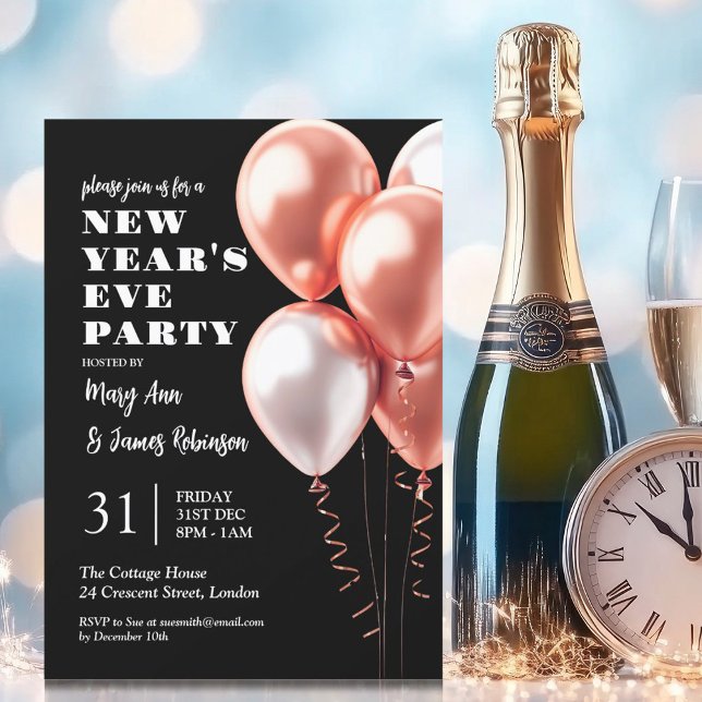 Svarta Bubblor vid MODERN Nyårsafton Ro Guld Inbjudningar (MODERN New Years Eve Rose Gold Balloons Black Invitation)