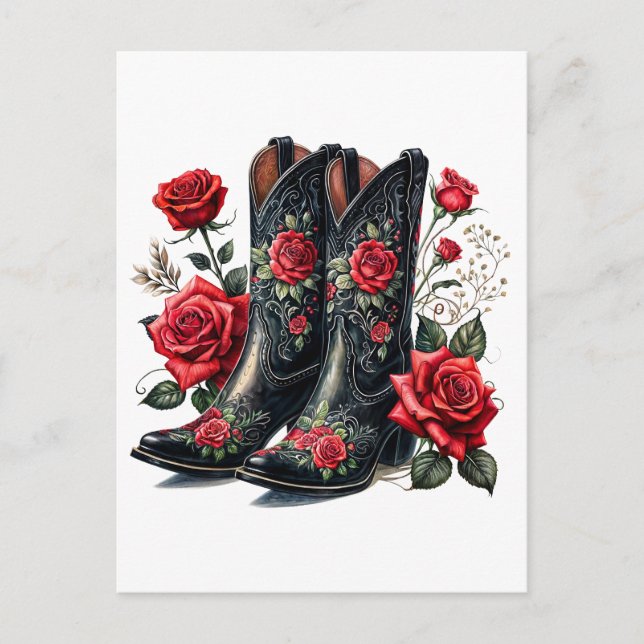 Svarta cowboystövlar med röda rosor vykort (Framsida)
