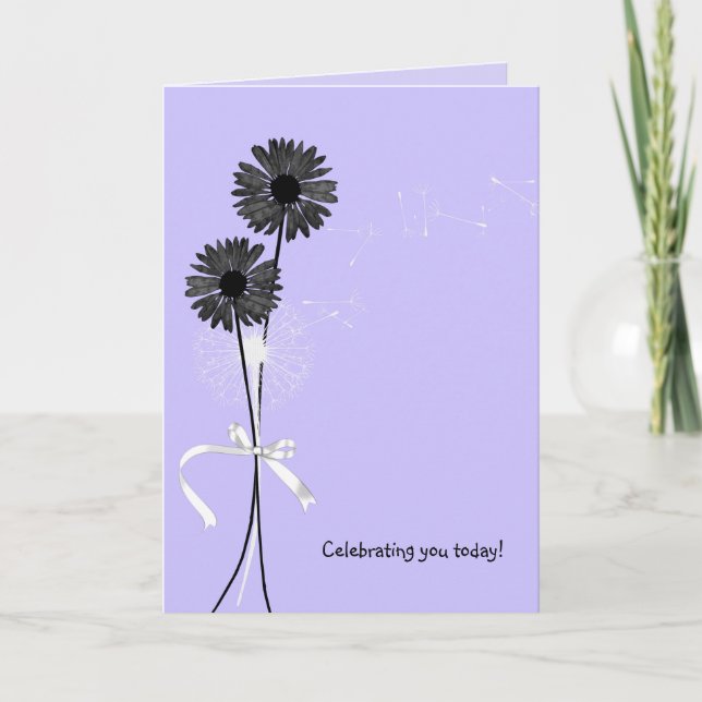 svarta daisy på födelsedagen och dandelion på lila kort (Framsida)