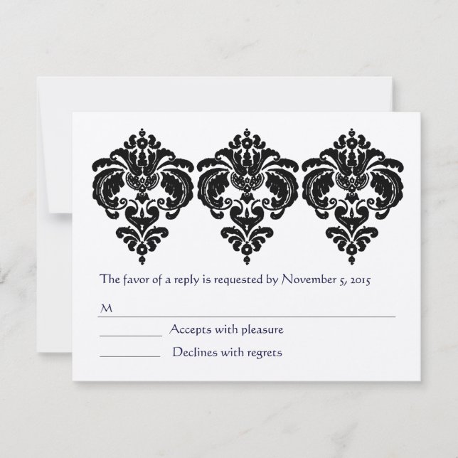 Svarta Damask Blommiga Element RSVP OSA Kort (Framsida)