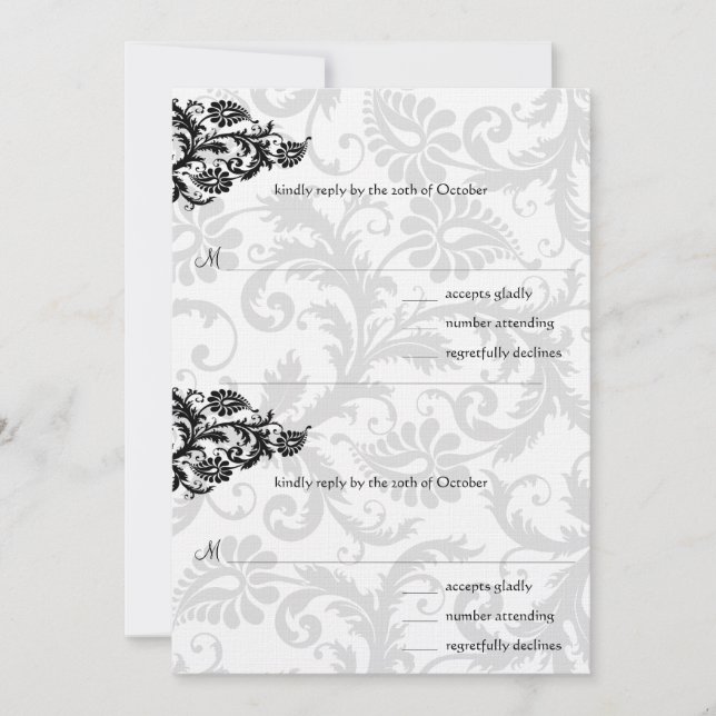 Svarta Damask Plommonhjärtan RSVP Bröllopsinbjudan Inbjudningar (Framsida)