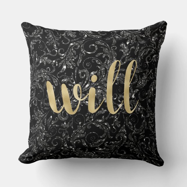 Svarta Diamond Guld Brev Pillow... Will Kudde (Framsida)