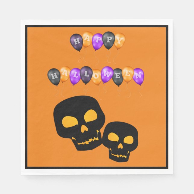 Svarta Dödskallar Glada Halloween Ballonger Pappersservett (Framsidan)