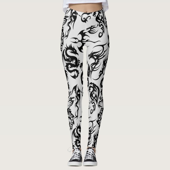Svarta drakars mönsterkontur.b L Grå BG Leggings (Framsida)