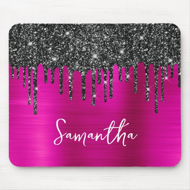 Svarta droppar Glitter Shock rosa Glam Namn Musmatta (Framsidan)
