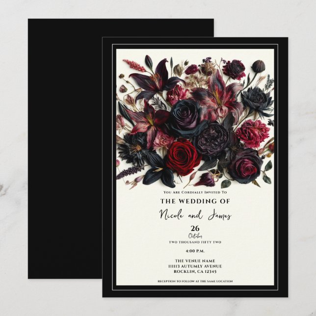 Svarta Eleganta Höst Pressade Blommor Mörka Bröllo Inbjudningar (Fram/baksida)