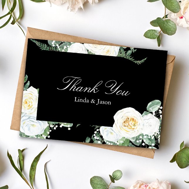 Svarta Eleganta Vita Rosor Bröllop Tacksamhetskort Inbjudningar (Black elegant white roses thank you card expresses heartfelt gratitude with timeless style.)