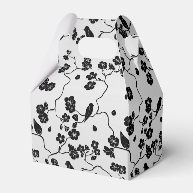 Svarta fåglar och körsbärsblommor i silvermönster presentaskar (Framsidan Sidan)