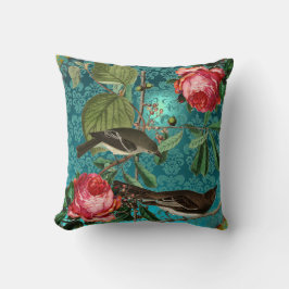 SVARTA FÅGLAR, ROSA ROS AQUA BLUE,TEAL DAMASK KUDDE