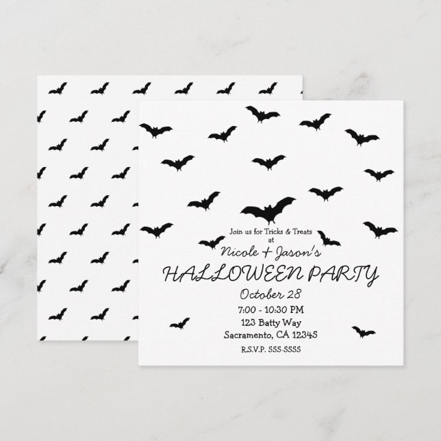 Svarta fladdermöss & Vita söta Halloweenfest Inbjudningar (Fram/baksida)