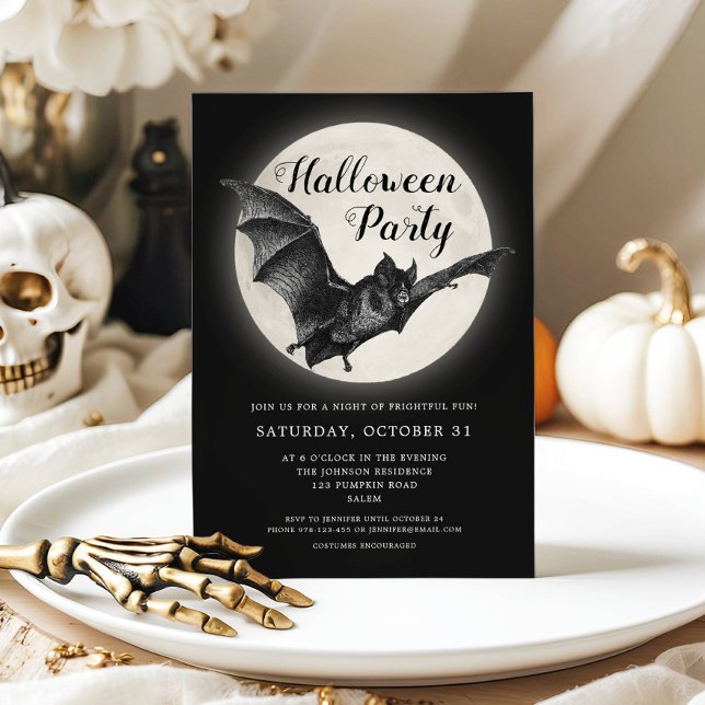 Svarta Fladdermus-inbjudan till Full Moon Hallowee Inbjudningar (Black Bat Full Moon Halloween Party Invitation)