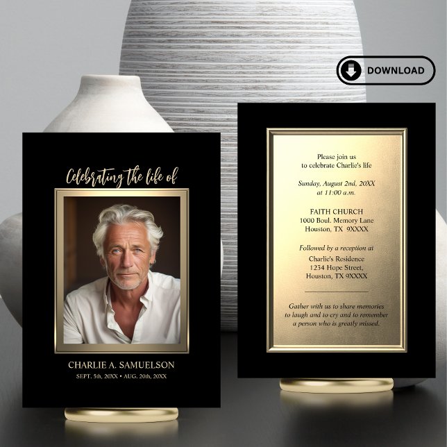 Svarta FOTO-inbjudan firande i Life Guld Kort (Modern Celebration of Life Gold Black PHOTO Card | Elegant for men (masculine))