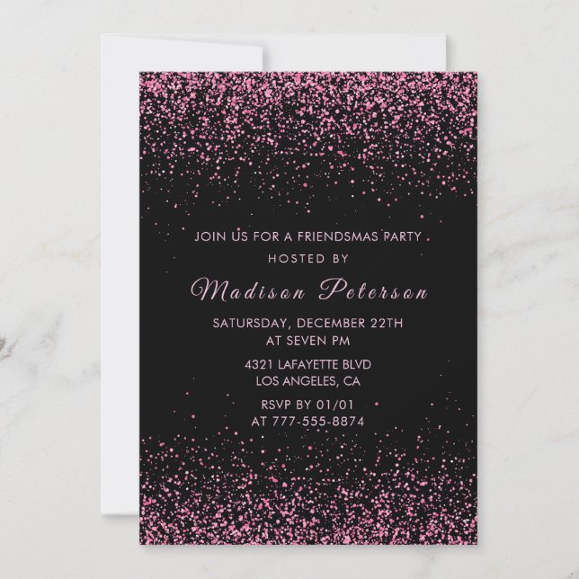 Svarta Friendsmas-inbjudningar Rosa Glitter Inbjudningar (Framsida)
