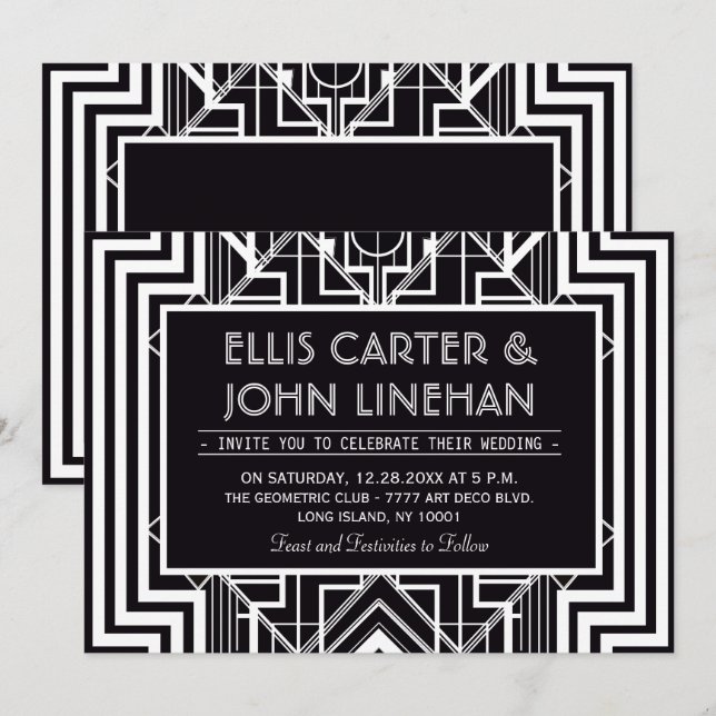 Svarta geometriska bröllopsinbjudningar inbjudningar (Fram/baksida)