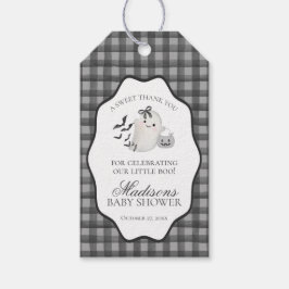 Svarta Gingham Little Boo Ghost Baby Shower Förber Presentetikett