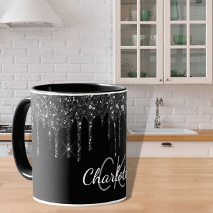 Svarta glitter droppar i monogram initialer lyx mugg