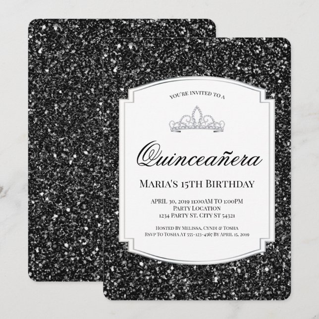 Svarta Glitter Quinceañera-inbjudningar Inbjudningar (Fram/baksida)
