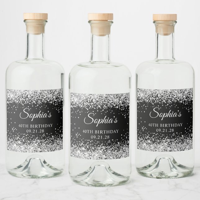 Svarta Glitter-silver, 40:e födelsedag Spritflaskor Etikett (Flaskor)