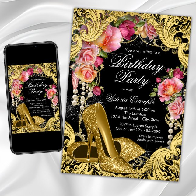 Svarta Glitter-skon i Guld, Födelsedagsfest inbjud Inbjudningar (Gold high heel shoe birthday party invitation with gold shoes on a beautiful coral gold background.)