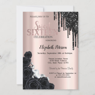 Svarta glitterdroppar, rosor, rose gold Sweet 16 Inbjudningar