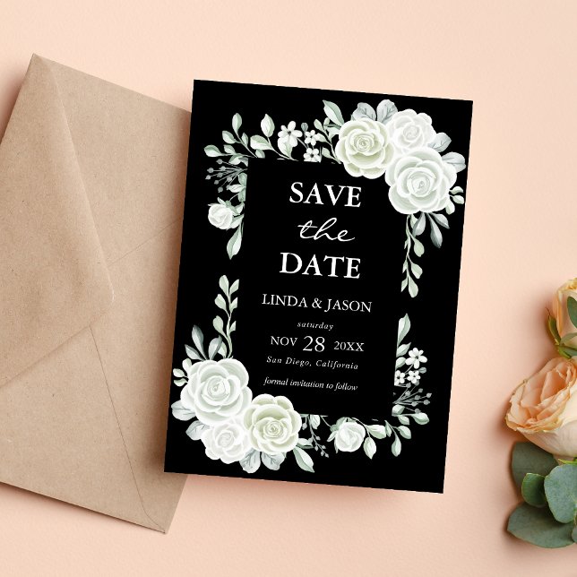 Svarta gotiska rosor bröllop Save The Date-kort Inbjudningar (Black gothic roses save the date card sets a dramatic tone for your wedding announcement.)