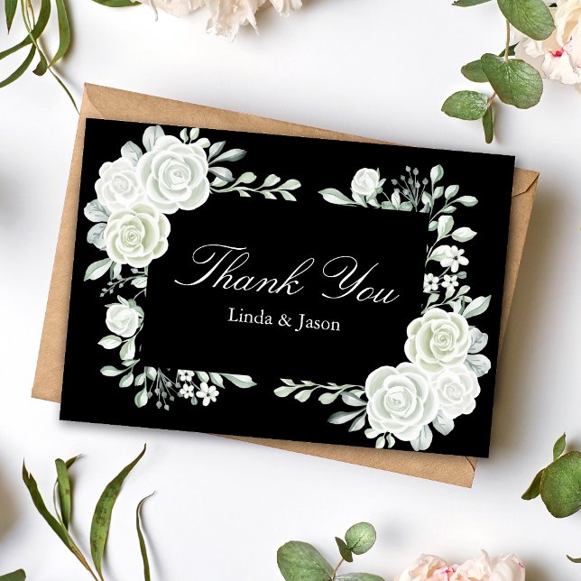 Svarta gotiska vita rosor bröllop tack-kort inbjudningar (Black gothic white roses thank you cards add dramatic elegance to heartfelt wedding thanks.)