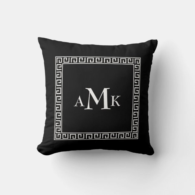 Svarta grekiska Nyckel | Monogrammad Dekorativ kud Kudde (Framsida)