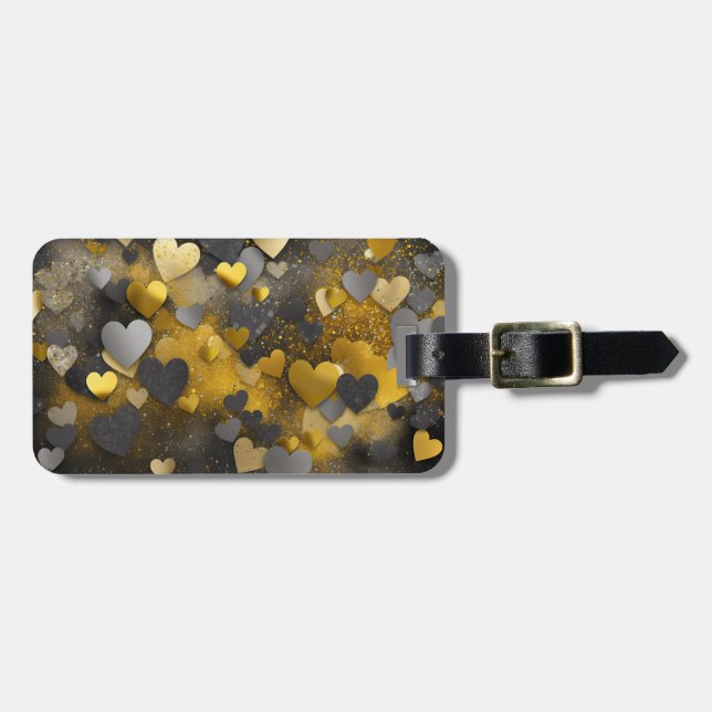 Svarta gula grå glitterhjärtan bagagebricka (Horisontell Framsida)