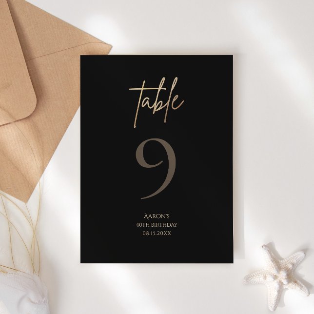 Svarta Guld 40-års Födelsedagsfest Bordnummer OSA Kort (Black Gold 40th Birthday Party Table Number)