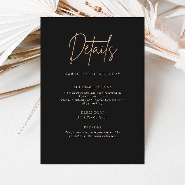 Svarta Guld 40-årsfest detaljer kort (Black Gold 40th Birthday Party Details Card)
