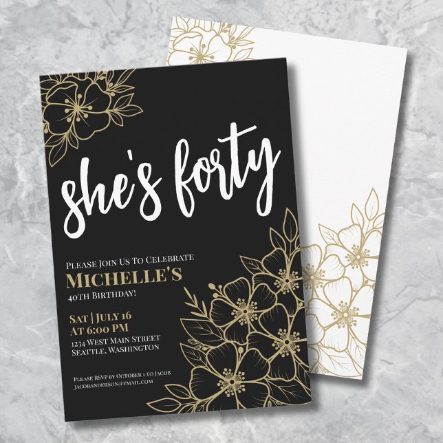 Svarta Guld 40:e födelsedagen Party Inbjudningar (Elegant Forty Black Gold 40th Birthday Party Invitation)