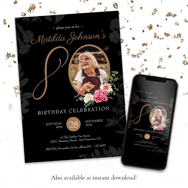 Svarta Guld 80:e Födelsedagsfesten Inbjudningar (80th Birthday Black Gold Floral Custom Photo Invitation)