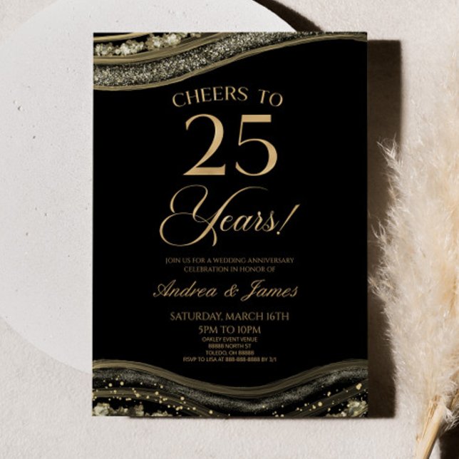Svarta Guld Agate 25:e Bröllop-årsdagen Party Inbjudningar (Skapare uppladdad)