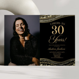 Svarta Guld Agate Bild 30års födelsedag Party Inbjudningar